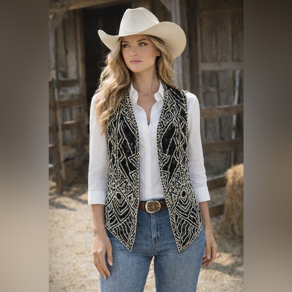 Eves Allure Black Sequin and Silver Beaded Vintage Vest, Size M